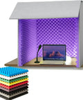 Portable Vocal Booth Desktop Soundproof Foam Shield Halts Echo And Secures Crisp Vocals For Home Studio Gear with purple acoustic panels.
