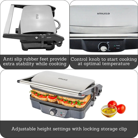 Imusa Electric Panini Press Griddle With Non Stick Cast Aluminum Plates adjustable height for cooking sandwiches and toasts