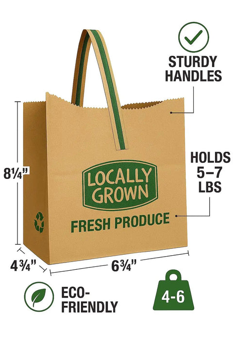 Natural Kraft Paper Tote Bag With Locally Grown Design, Eco Friendly Reusable Gift Bag Go To Market Groceries And Small Shops