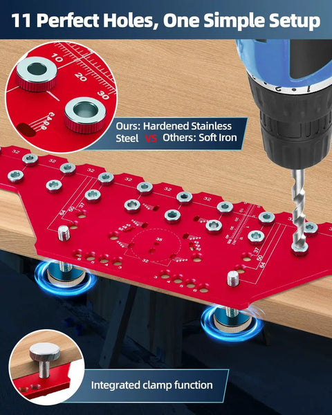 Two In One Cabinet Hardware Jig That Doubles As A Shelf Pin Drilling Guide With All Metal Self Contained Clamps 11 hole guide