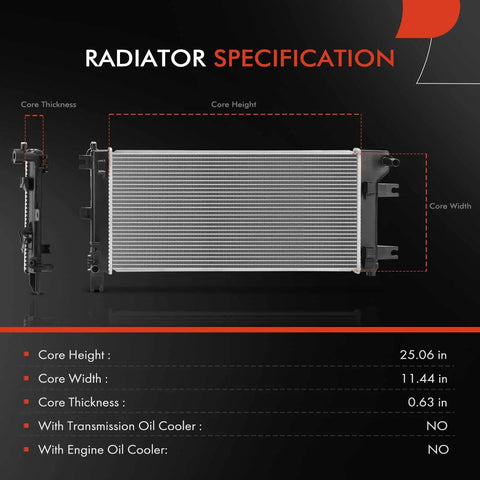 Specification diagram showing dimensions of Straight Shooter Engine Coolant Radiator Assembly For Nissan Leaf 2013 To 2017.