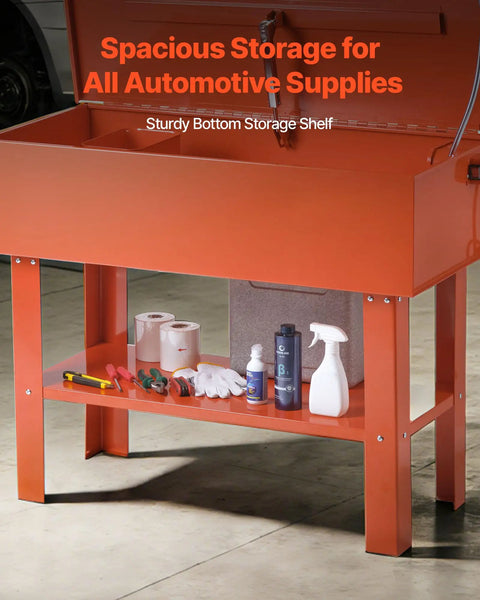 Built Tough Heavy Duty Parts Washer With 40 Gallon Steel Bath And One Gallon Per Minute Electric Pump For Auto Mechanics Engine Gear Carburetor No Fuss Workshop Cleanup Rig with tools and supplies.