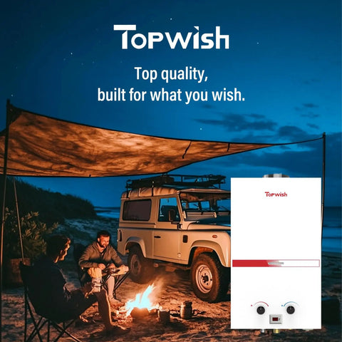 Lightweight Portable Propane Tankless Water Heater Kicking Out Instant 2.64 GPM by a campfire at night with friends outdoors.