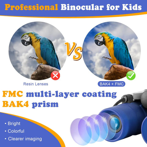 Real Binos For Kids 8x21 Compact And Shockproof Folding Mini Binos For Bird Watching Travel Camping Gift For Boys And Girls Ages 3-12 High Resolution Optics Soft Eyeguards Blue showing BAK4 FMC prism and lens comparison