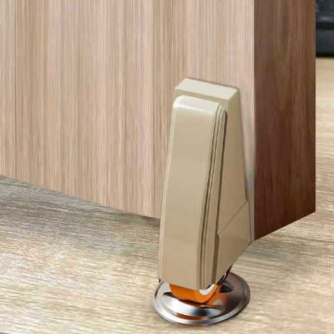 Heavy Duty Gate Support Wheel Quietly Fixes Sagging Wood Doors With Smooth Rolling Caster under wooden door, featuring rubber roller and metal base.