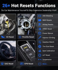 Image showing functions of the Bidirectional OBD2 Scanner With Bluetooth For iOS And Android D200, including 26+ hot resets like oil and throttle.