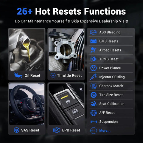 Image showing functions of the Bidirectional OBD2 Scanner With Bluetooth For iOS And Android D200, including 26+ hot resets like oil and throttle.