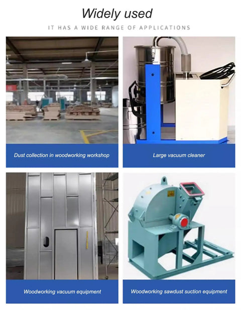 Wide range of woodworking equipment for dust collection, including vacuum systems and sawdust suction tools.