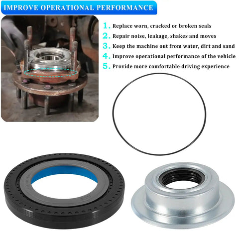 Rock Solid Front Axle Knuckle Vacuum Seals And Hub O Rings With Tube Dust Seal Kit For Ford Super Duty Heavy Haulers and Dana Super Sixty Four By Four Trucks Built To Last components including seal, hub, gasket.