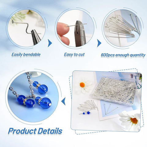 600 Pcs 1.18 Inch 21 Gauge Silver Alloy Flat Head Pins for DIY Jewelry Making Grab-and-Go Necklace Bracelets Earrings Craft Findings Perfect for Beadwork Wire Wrapping and Accessory Projects, silver alloy head pins for jewelry making