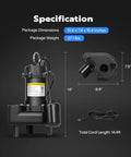 1 HP Submersible Cast Iron Sewage And Effluent Pump With 5220 GPH Flow, 2 Inch NPT Discharge, dimensions and cord length shown