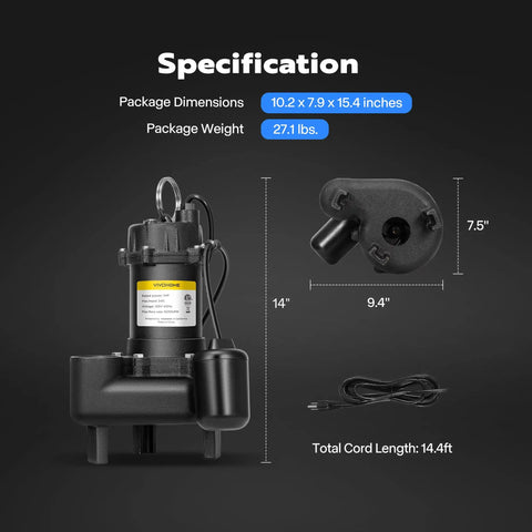 1 HP Submersible Cast Iron Sewage And Effluent Pump With 5220 GPH Flow, 2 Inch NPT Discharge, dimensions and cord length shown