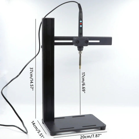 Vertical Heat Press Tool For Embedded Insertion With 60W Soldering Iron M2 To M8 Tip Adapter shown with dimensions.