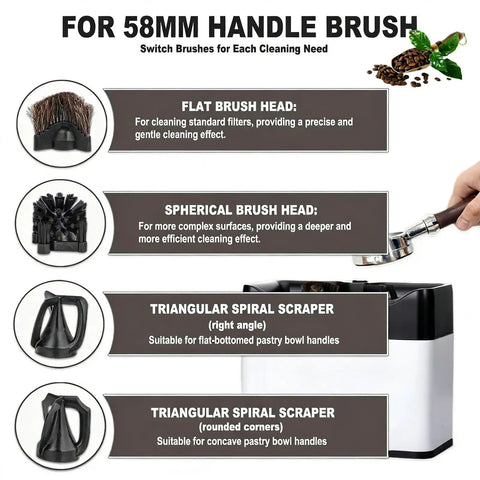 Image showing interchangeable brush heads for 58mm handle portafilter scrubber, including flat and spherical options.