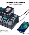 Beast 4 Port Fast Charger for 14.4V and 18V LXT Li-Ion batteries with dual USB ports charging phone