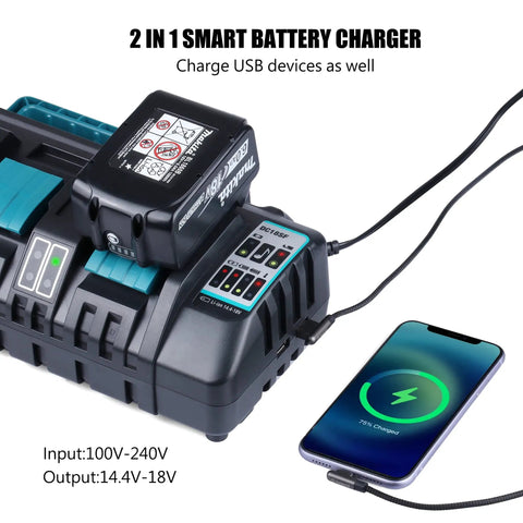 Beast 4 Port Fast Charger for 14.4V and 18V LXT Li-Ion batteries with dual USB ports charging phone