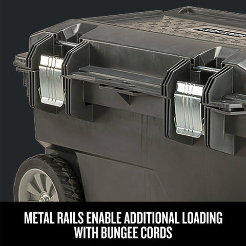 Rolling Tool Box With Wheels Lockable Black Plastic Chest featuring metal rail inserts for extra lid storage with bungee straps.