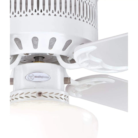 Close-up of Casanova Supreme 42 Inch Indoor Ceiling Fan With Light in White Finish showing blades and opal glass light kit.