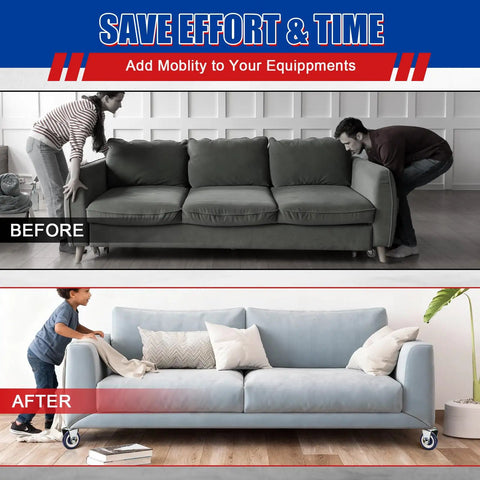 Before and after of sofa with 8 Pack 5 Inch TPU Silent Shopping Cart Wheels Kit With Dual Ball Bearings For Grocery Carts attached