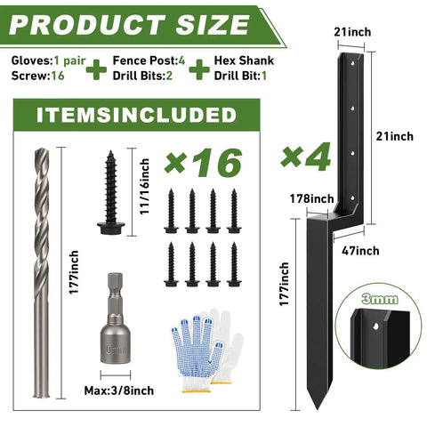 Dimensions and components of 4 Pack Fence Post Repair Kit With 3mm Thick 11 Gauge Galvanized Steel Anchors And 33.6 Inch Heavy Duty H Shape Ground Spikes To Fix Leaning Or Broken 4x4 And 6x6 Wooden Posts No Digging Needed