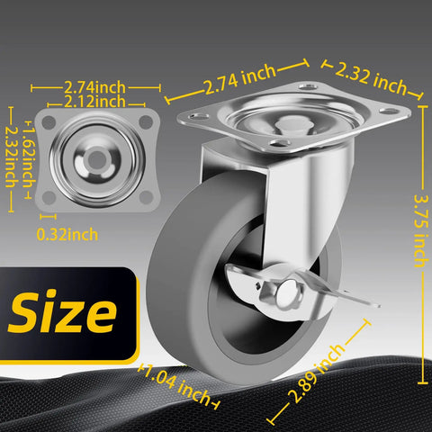 Heavy Duty 3 Inch Caster Wheels Set Of 4 With Brakes And Locking Plate Swivel Casters Rubber Tread shown with size dimensions