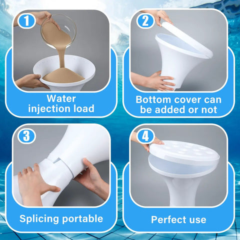 Steps showing assembly and water filling of Underwater Pool Bar Stools 2 Pack Seventeen Point Five Inch Submersible Pool Chairs For Outdoor
