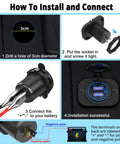 Dual USB 12V Marine Outlet With Switch installation guide showing steps to drill 3cm hole, insert socket, connect wires, and final mount.