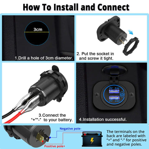 Dual USB 12V Marine Outlet With Switch installation guide showing steps to drill 3cm hole, insert socket, connect wires, and final mount.