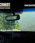 Inside car view showing uncoated windshield with water streaks, illustrating Ceramic Glass Coat Protectant For Windshields And Glass Surfaces Hydrophobic Rain Repellent Long Lasting Ceramic Coating Dirt Beading No Fuss Quick And Easy Application For Crystal Clear Visibility In Wet Weather.