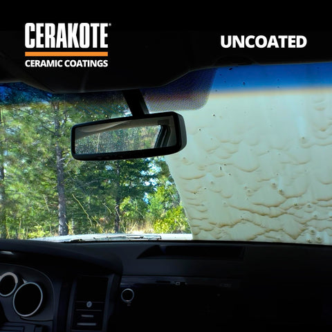 Inside car view showing uncoated windshield with water streaks, illustrating Ceramic Glass Coat Protectant For Windshields And Glass Surfaces Hydrophobic Rain Repellent Long Lasting Ceramic Coating Dirt Beading No Fuss Quick And Easy Application For Crystal Clear Visibility In Wet Weather.