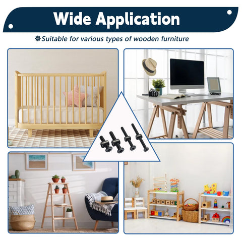 Crib Hardware Replacement Kit 32 Piece Bolts And Barrel Nuts Set For Delta Graco Dream Cribs M6x12mm to 75mm shown with wooden furniture