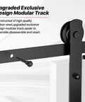 12 Foot Heavy Duty Sliding Barn Door Hardware Kit For Double Doors With Slick Quiet Glide Easy To Install And Reusable Fits Doors One And Three Eighths Inches Thick To One And Three Quarters Inches Thick Thirty Six Inches Wide Black I Shape, close-up view of modular track and roller.