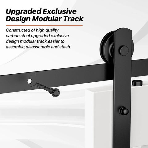 12 Foot Heavy Duty Sliding Barn Door Hardware Kit For Double Doors With Slick Quiet Glide Easy To Install And Reusable Fits Doors One And Three Eighths Inches Thick To One And Three Quarters Inches Thick Thirty Six Inches Wide Black I Shape, close-up view of modular track and roller.
