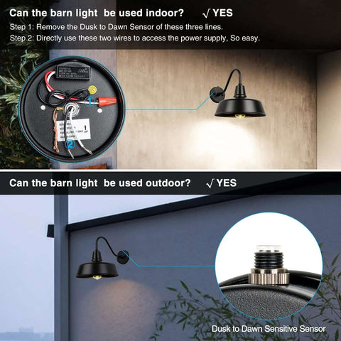 Diagram showing installation of Gooseneck Barn Outdoor Light Exterior Wall Sconce with Dusk to Dawn Sensor, Waterproof, 12.6 Inch, 2 Pack Bundle.