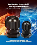 20 Pack Black Plastic Waterproof Cable Glands M20x1.5 displayed against hot and cold backgrounds, showing heat resistance.