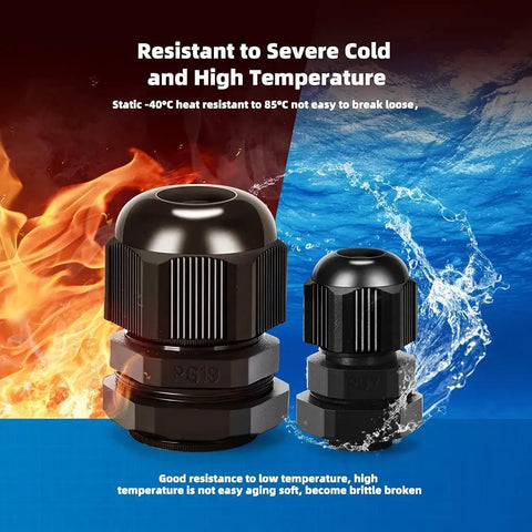 20 Pack Black Plastic Waterproof Cable Glands M20x1.5 displayed against hot and cold backgrounds, showing heat resistance.
