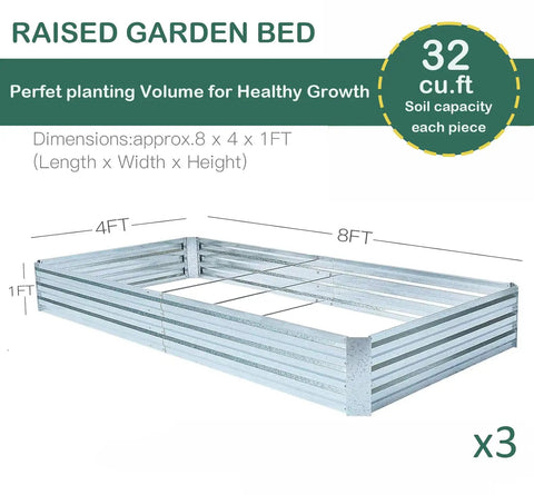 Galvanized Raised Garden Beds 3 Pack 8x4x1 Ft Each With Overlapping Four Inch Panels And Two Row Screws Metal Planter Box