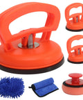 Orange Suction Cup Dent Puller Kit For Car Body Repair With Dent Remover Tool And Two Small Dent Repair Tools Includes Microfiber Wash Mitt For Hail Damage And Easy Auto Body Dent Fix. Orange suction cup dent puller kit with two small tools and microfiber wash mitt.