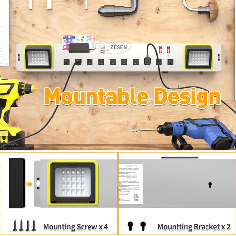 10 Outlet Power Strip With LED Work Light And 4 Foot Cord, Heavy Duty Metal Wall Mount in workshop setting