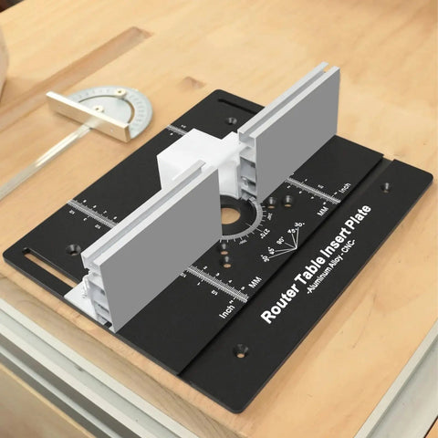 Built Tough Anodized Aluminum Router Insert Plate With Dead On Miter Grooves; features precise measurements and slots for electric routers.