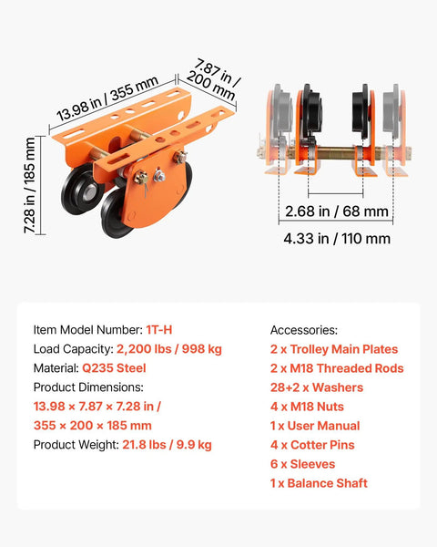Heavy Duty Electric Hoist Trolley Workhorse 1 Ton Capacity With Dual Wheel Push Beam Trolley, dimensions and parts list shown