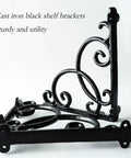 Four Piece Straight Up Heavy Duty Cast Iron Wall Mount Shelf Brackets In Genuine Antique Black Includes Strong Screws And Reliable Anchors For No Sweat Easy Floating Rack Installation Setup, showcasing decorative design and sturdy support.