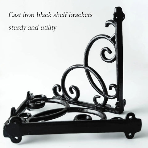 Four Piece Straight Up Heavy Duty Cast Iron Wall Mount Shelf Brackets In Genuine Antique Black Includes Strong Screws And Reliable Anchors For No Sweat Easy Floating Rack Installation Setup, showcasing decorative design and sturdy support.