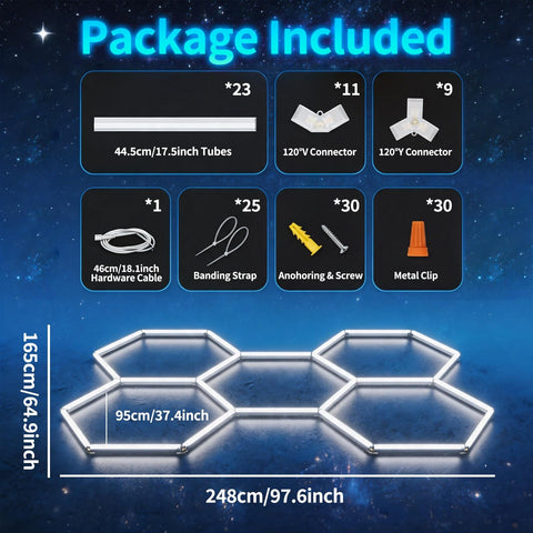 Beast Bright Hexagon LED Garage Light Kit 168W 16,800 Lumens 6500K Daylight White package contents with tubes, connectors, and accessories.