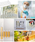 Acrylic 10 Hole Test Tube Rack Display Stand For 5ml Tubes, Clear Lab Organizer with filled tubes and experiments in progress.