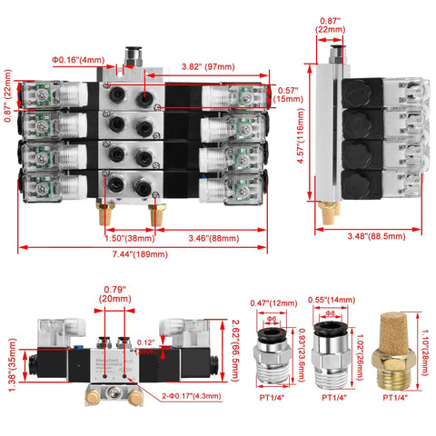 Dimensions and components of Beefy 4V230C-08 Solenoid Pneumatic Valve 5 Way 3 Position with PT1/4 Ports and 24V DC Coil.