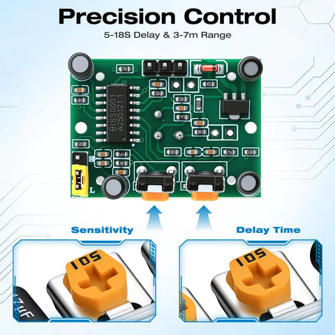 Five Pack HC-SR501 PIR Motion Sensor Modules Dope DIY Kit With 5-18S Adjustable Delay Ultra Low Power 4.5-20V 100 Degree Field Of View And 3-7m Range Perfect For Arduino Raspberry Pi Projects And STEM Education, circuit board with sensitivity and delay knobs