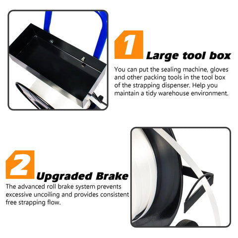 Heavy Duty Strapping Dispenser Cart For 8x8 Steel And Poly Strapping Coils, Durable Steel Construction With Spacious Tray For Strapping Tool, Seals, And Gloves, Keeps Coils From Unwinding On Oscillating Coils, large tool box and brake detail