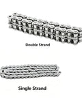 Premium 08B Stainless Roller Chain With Single Strand Design, showing single and double strand chain types.