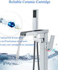 Floor Mount Waterfall Tub Filler Faucet Chrome Finish with Hand Shower, showing water flow and diverter knob